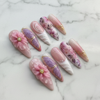 Full set 10 3D floral butterfly custom press-on nails pink purple ombre on marble background — LuxepressCo