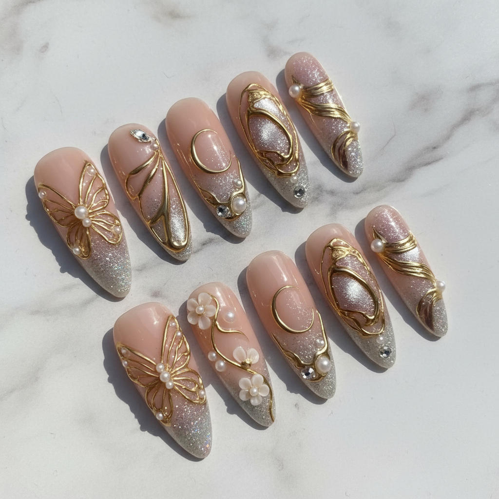 Gold wire butterfly moon aurora glitter pearl press-on nails hero shot white marble studio custom press-on nails — LuxepressCo