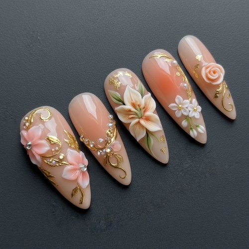 Close-up 3D pink rose rhinestone gold foil custom press-on nails dark background — LuxepressCo
