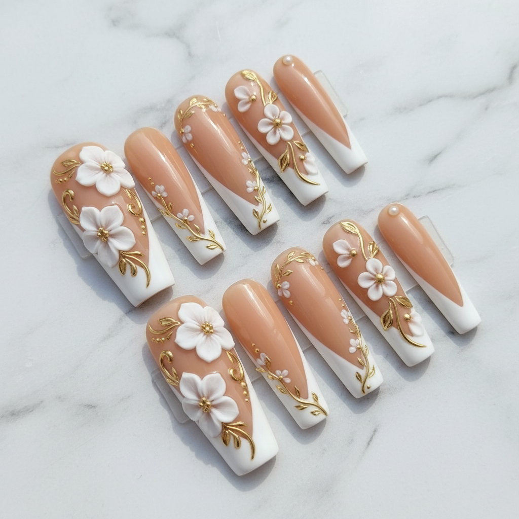 Full set 10 nude coffin 3D white floral gold vine custom press-on nails on marble background — LuxepressCo