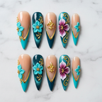 Flat lay top-down full set teal gold baroque 3D floral stiletto custom press-on nails — LuxepressCo