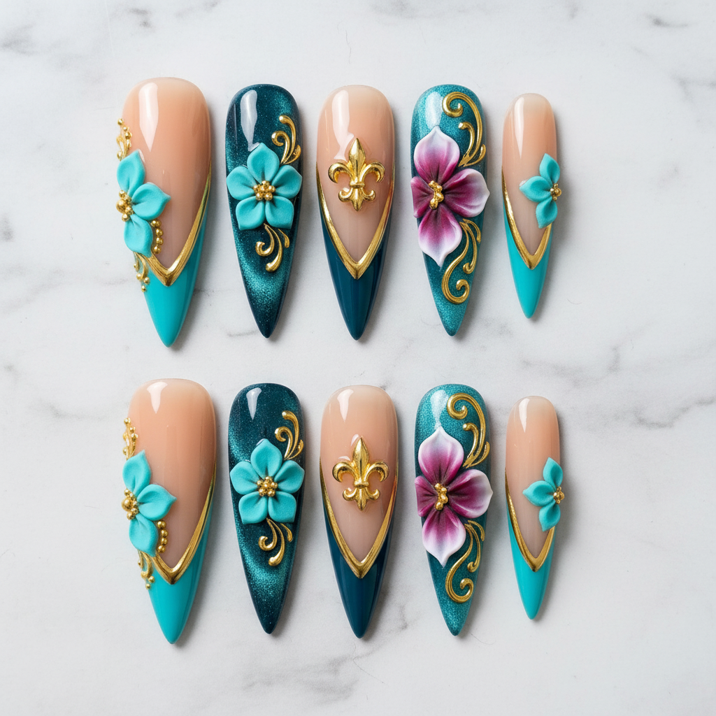 Flat lay top-down full set teal gold baroque 3D floral stiletto custom press-on nails — LuxepressCo