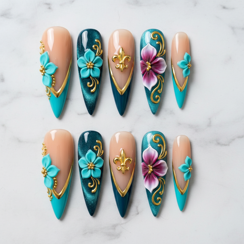 Flat lay top-down full set teal gold baroque 3D floral stiletto custom press-on nails — LuxepressCo
