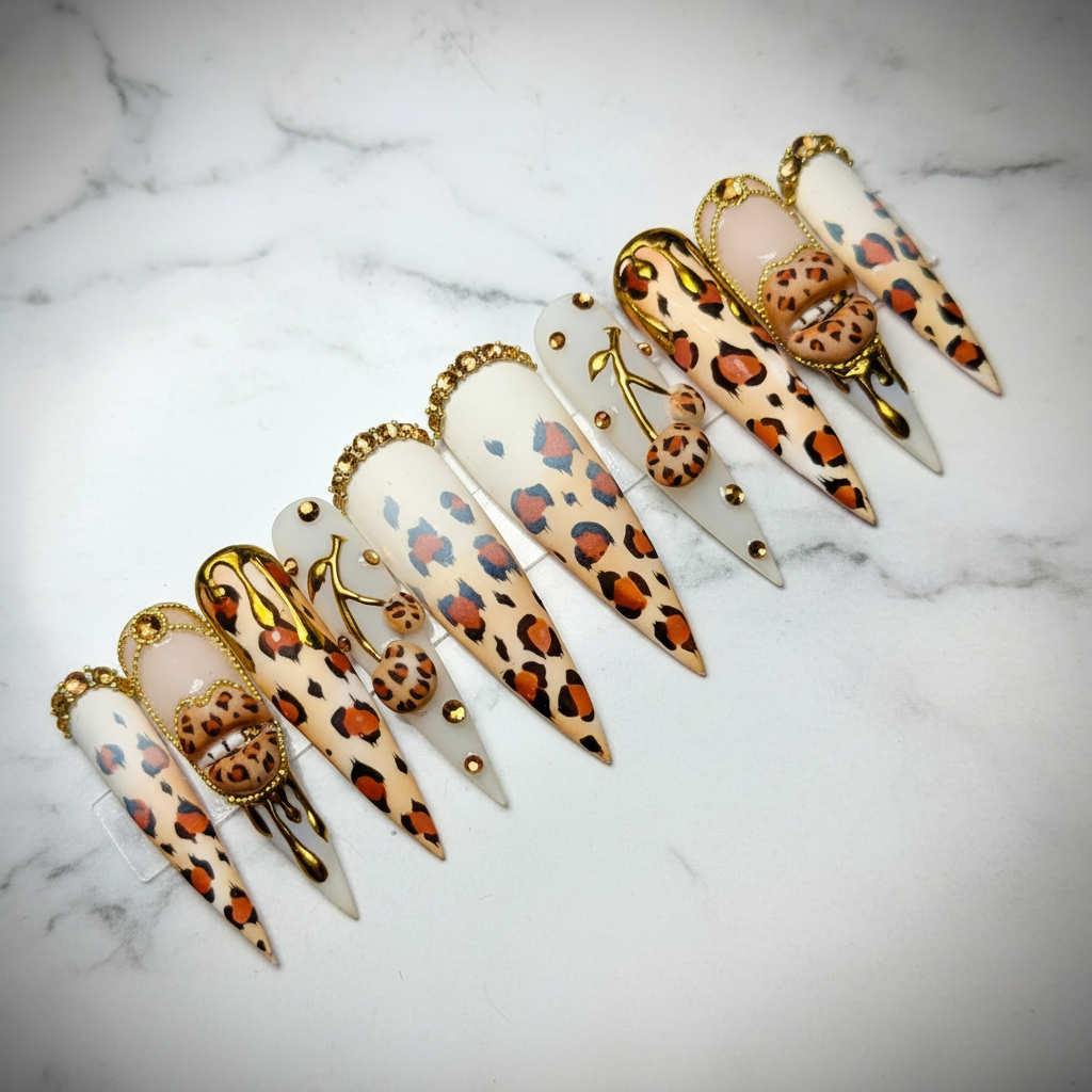 Leopard print gold chrome drip crown amber rhinestone stiletto custom press-on nails full set on marble — LuxepressCo