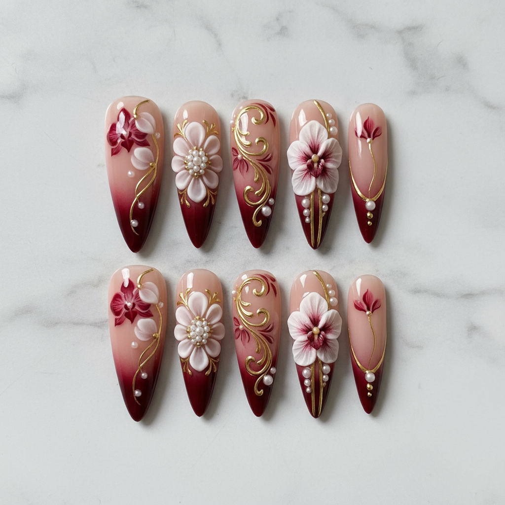 Flat lay top-down full set 10 burgundy 3D floral pearl gold filigree custom press-on nails white marble — LuxepressCo