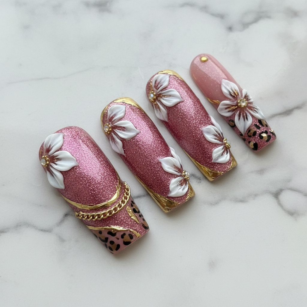Macro close-up 3D white floral embellishment gold rhinestone center pink glitter press-on nails glossy finish marble — LuxepressCo