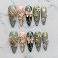 Full set 10 sage green gold butterfly 3D custom press-on nails on marble — LuxepressCo