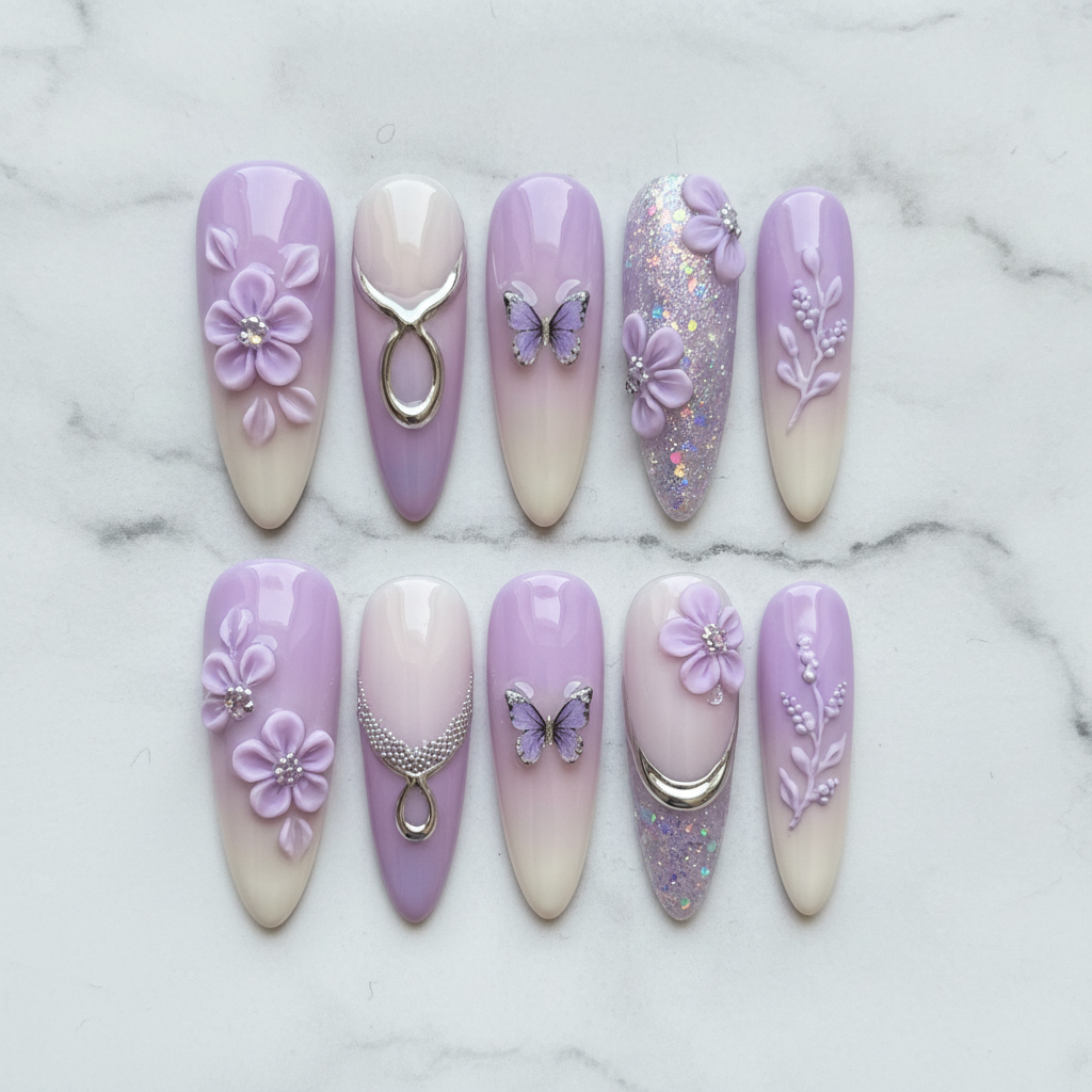 Flat lay top-down full set 10 lavender purple 3D floral butterfly press-on nails marble background — LuxepressCo