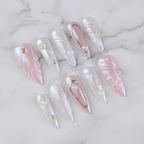 Pearl aurora 3D angel wing custom press-on nails long stiletto full set on marble studio — LuxepressCo