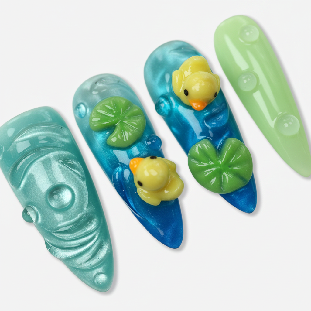 Macro close-up teal jelly glass water ripple 3D yellow rubber duck green lily pad salon-quality stiletto press-on nails — LuxepressCo