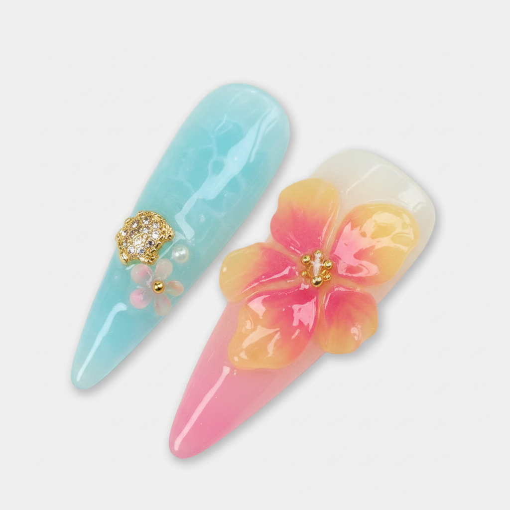 Macro close-up aqua teal jelly glass wave texture 3D pink hibiscus gold sea turtle salon-quality stiletto press-on nails — LuxepressCo