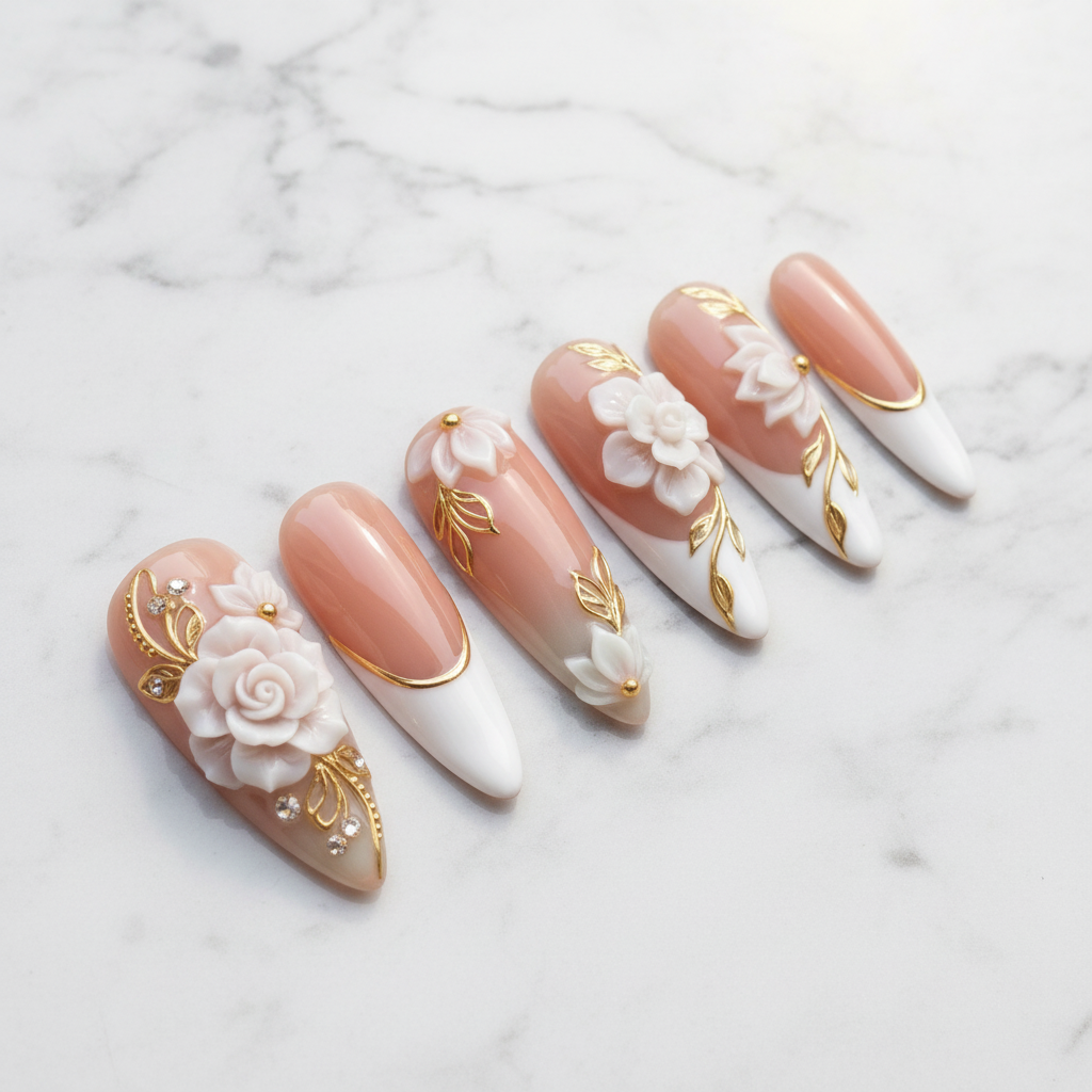 Full set 10 3D white rose gold leaf bridal custom press-on nails on marble background — LuxepressCo