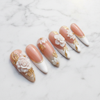 Full set 10 3D white rose gold leaf bridal custom press-on nails on marble background — LuxepressCo