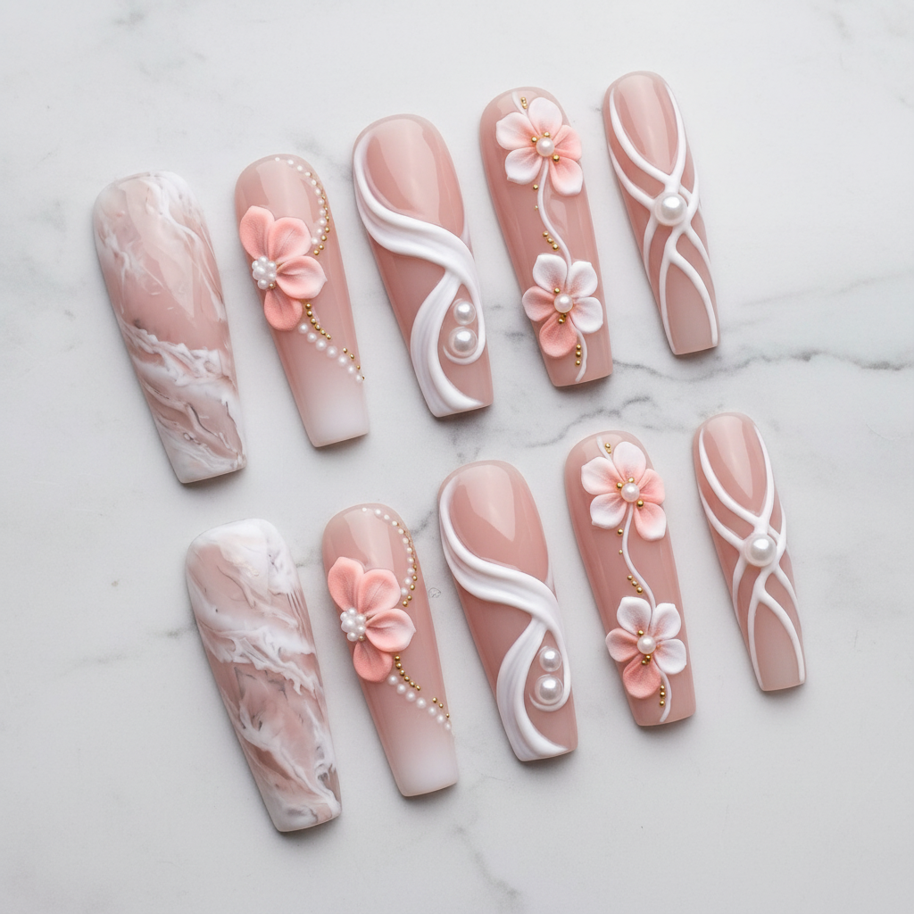 Hero studio shot full set 10 luxury 3D pearl blossom marble custom press-on nails white background — LuxepressCo