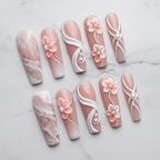 Hero studio shot full set 10 luxury 3D pearl blossom marble custom press-on nails white background — LuxepressCo
