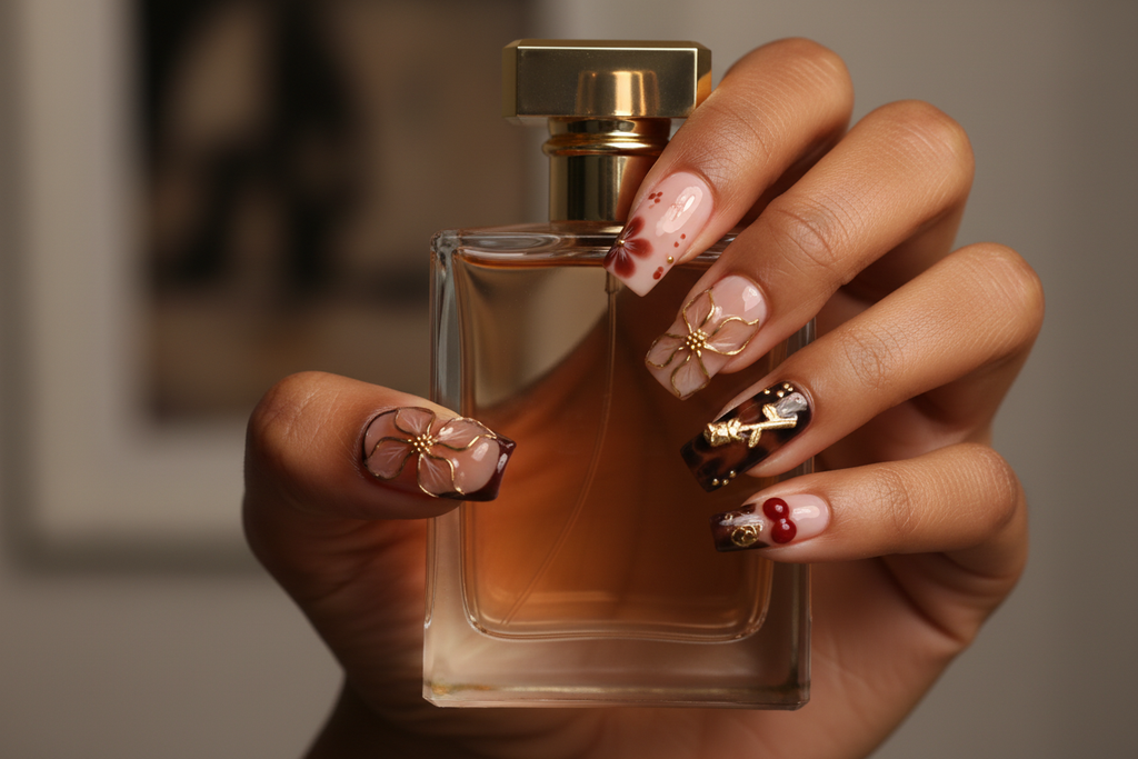 Dark skin hands holding perfume bottle wearing dark floral cherry custom press-on nails — LuxepressCo