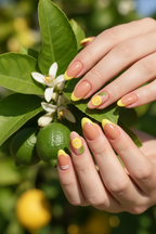 Light-skin hands holding lemon branch wearing nude beige yellow French tip lemon citrus custom press-on nails — LuxepressCo
