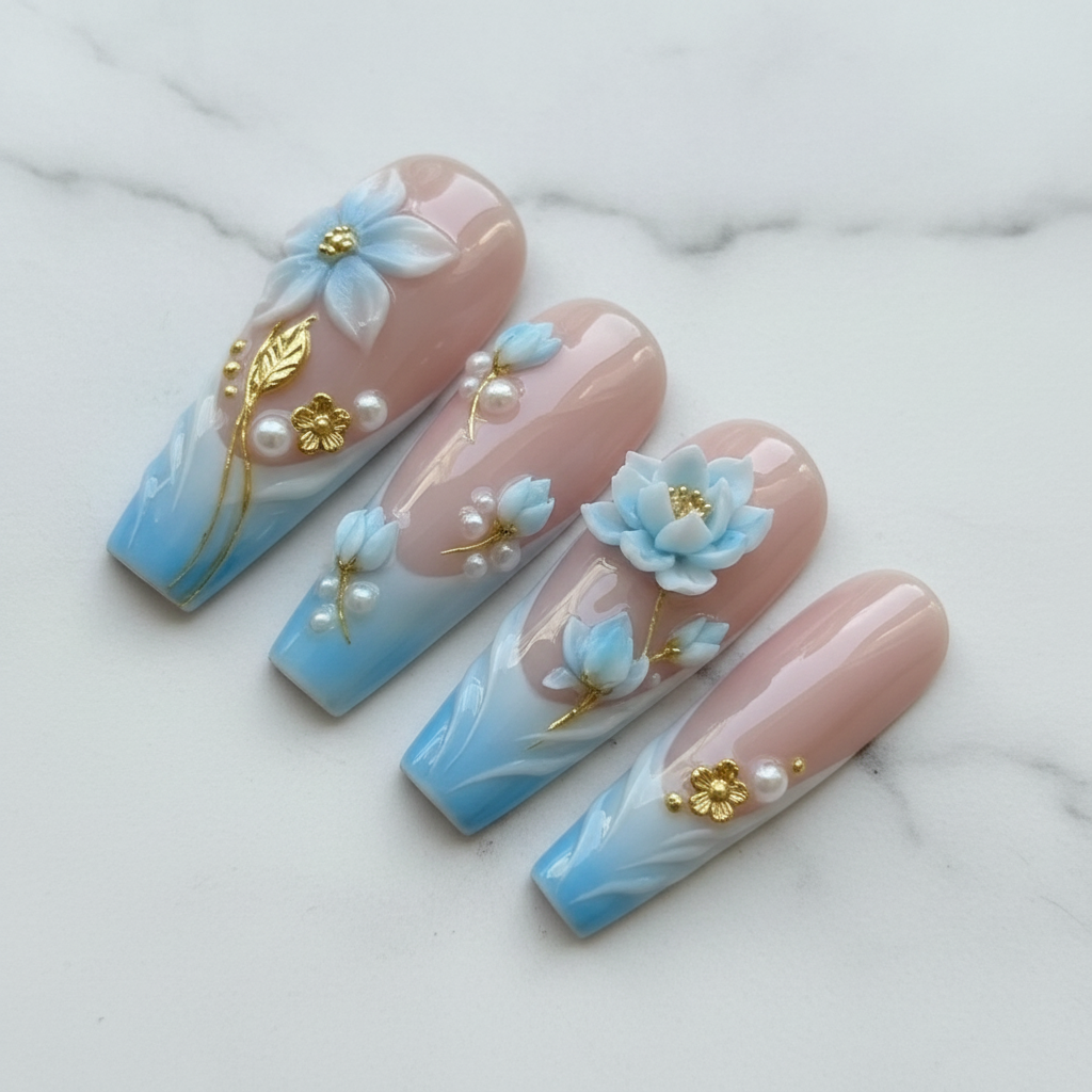 Close-up blue ombre 3D floral nails glossy texture salon-quality nails reusable nails — LuxepressCo