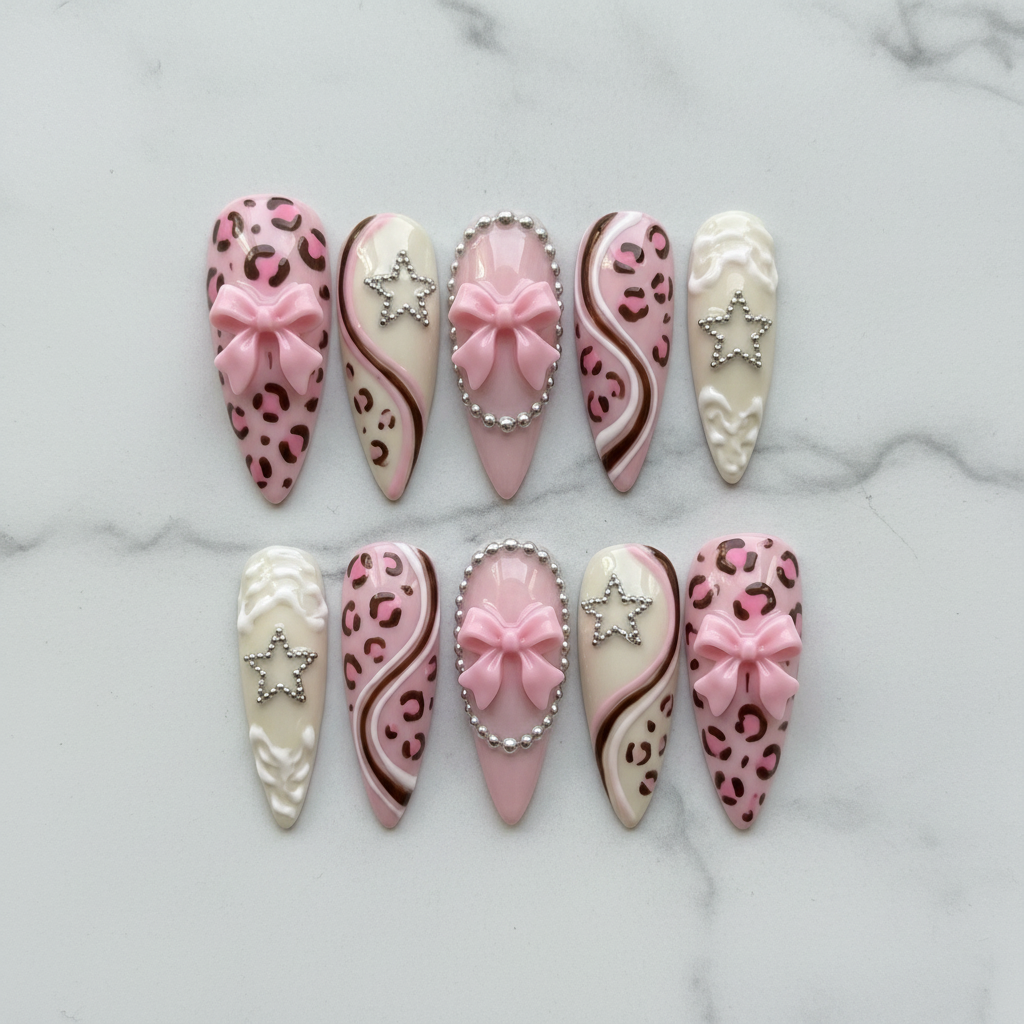 Flat lay top-down full set 10 pink leopard rhinestone bow reusable nails white marble — LuxepressCo