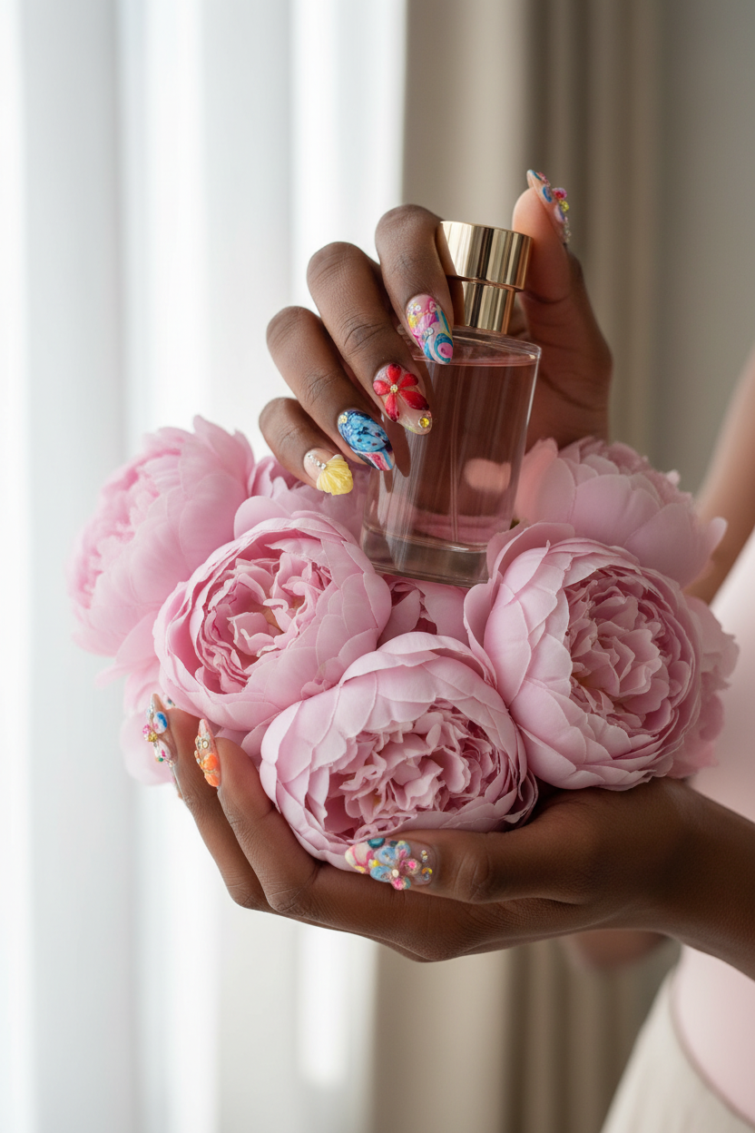 Dark skin lifestyle 3D floral butterfly orchid maximalist custom press-on nails inclusive beauty — LuxepressCo