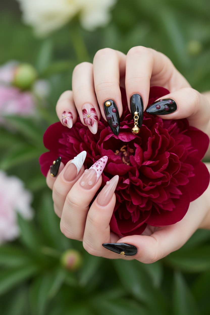 Light-skin hands holding dark red peony wearing nude blush hand-painted floral custom press-on nails — LuxepressCo