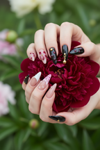 Light-skin hands holding dark red peony wearing nude blush hand-painted floral custom press-on nails — LuxepressCo