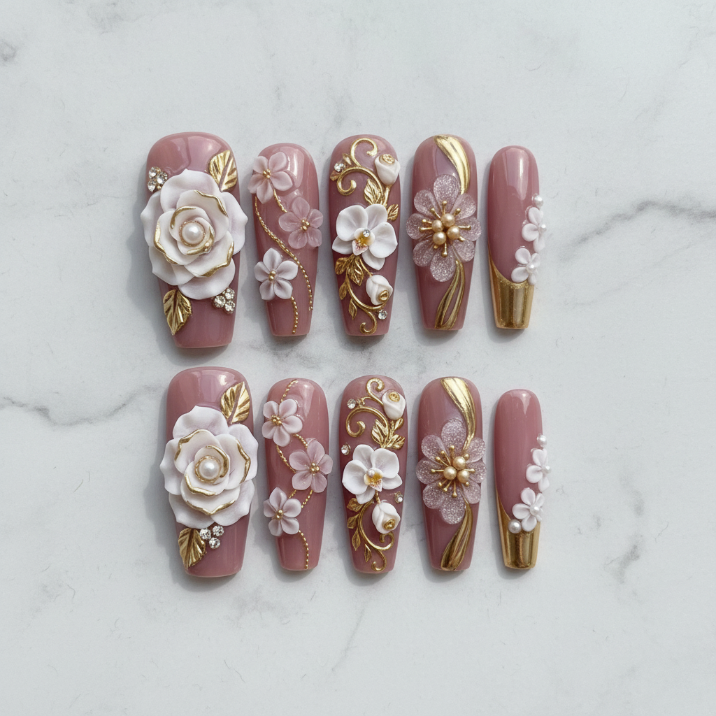 Flat lay top-down full set 10 mauve pink 3D floral custom press-on nails — LuxepressCo