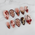 Dark cherry tortoiseshell almond 3D gold flower butterfly red cherry charm custom press-on nails full set on white marble — LuxepressCo