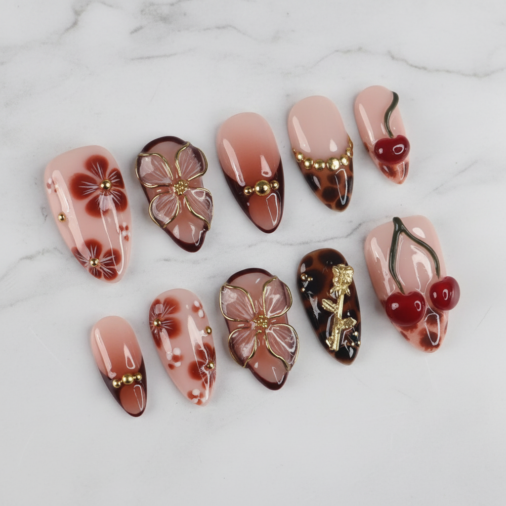 Dark cherry tortoiseshell almond 3D gold flower butterfly red cherry charm custom press-on nails full set on white marble — LuxepressCo