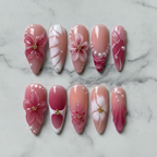 Flat lay top-down full set 10 cherry blossom pearl press-on nails pink floral almond shape custom press-on nails — LuxepressCo