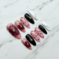 Full set 10 nude blush hand-painted burgundy floral black gold bell almond custom press-on nails on marble — LuxepressCo