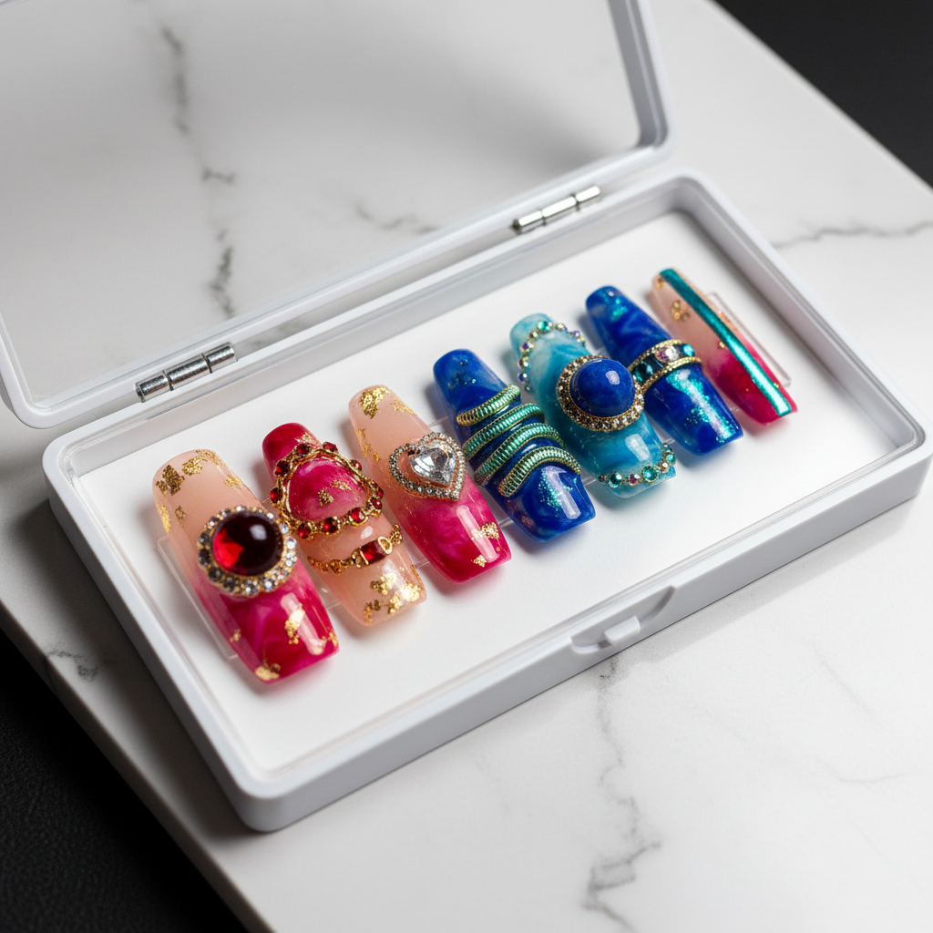 Pink red blue marble gold foil heart charm lapis gem dual custom press-on nails coffin full set on marble — LuxepressCo