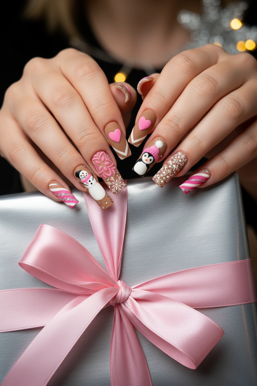 Fair-skin lifestyle Christmas gingerbread snowman penguin candy cane custom press-on nails holding gift box — LuxepressCo