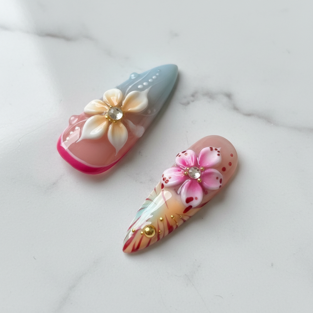 Close-up pink blue ombre press-on nails pearl shimmer texture glossy finish — LuxepressCo