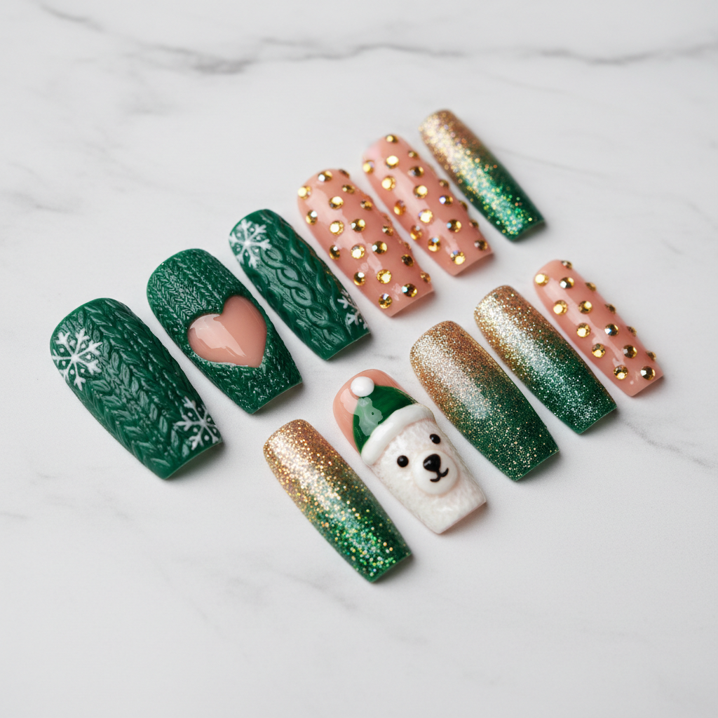 Christmas bear green knit snowflake gold glitter polar bear custom press-on nails coffin full set on marble — LuxepressCo