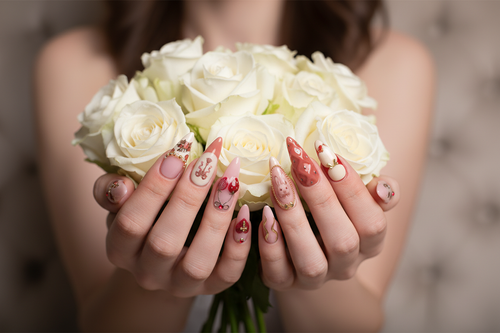 Light skin hands holding white roses wearing vintage romance custom press-on nails — LuxepressCo