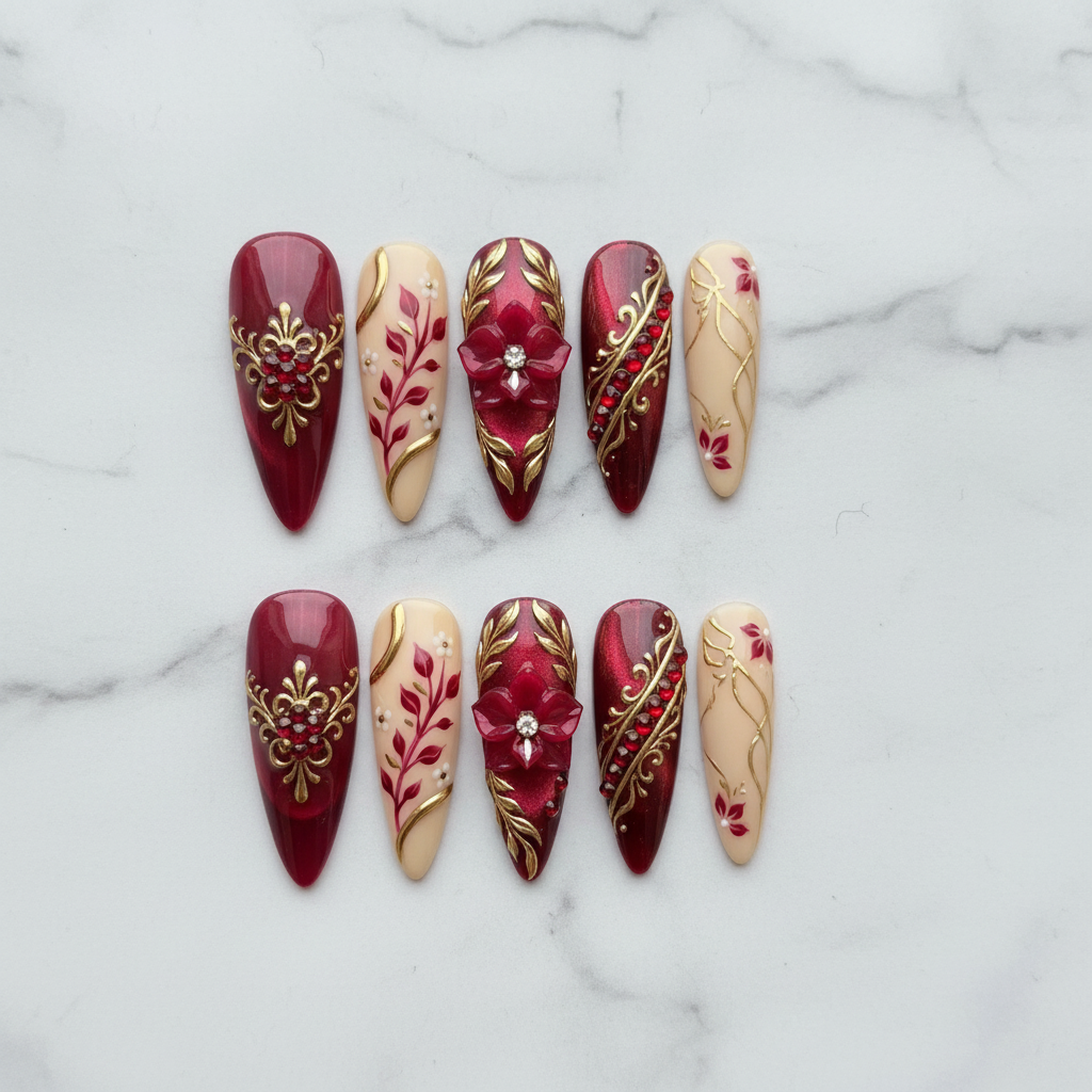 Flat lay top-down full set 10 burgundy cream gold baroque custom press-on nails studio — LuxepressCo