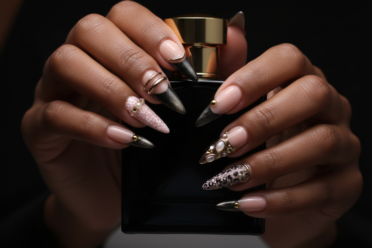 Dark skin hands holding obsidian perfume wearing dark luxury gothic custom press-on nails stiletto — LuxepressCo