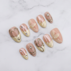 Celestial gold heart star moon custom press-on nails nude aurora cat-eye crescent moon band full set flat lay — LuxepressCo