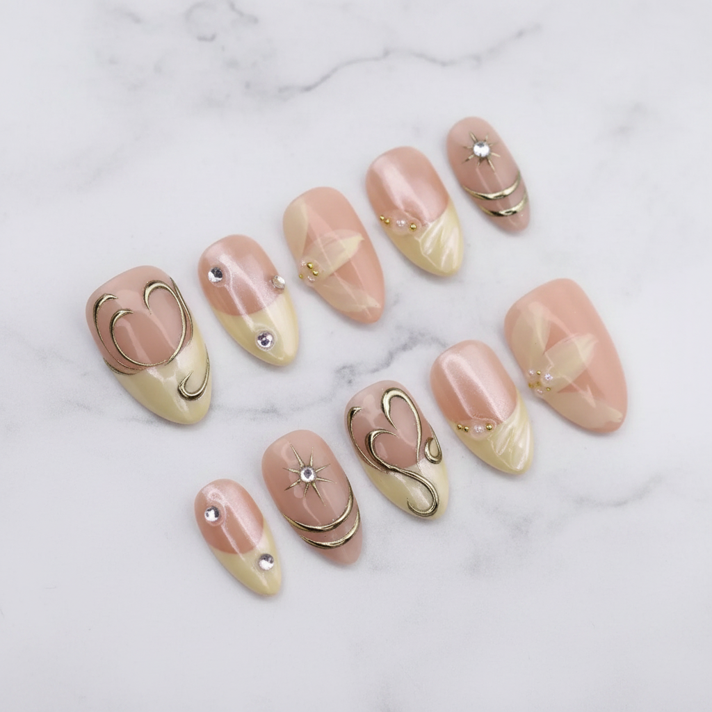 Celestial gold heart star moon custom press-on nails nude aurora cat-eye crescent moon band full set flat lay — LuxepressCo