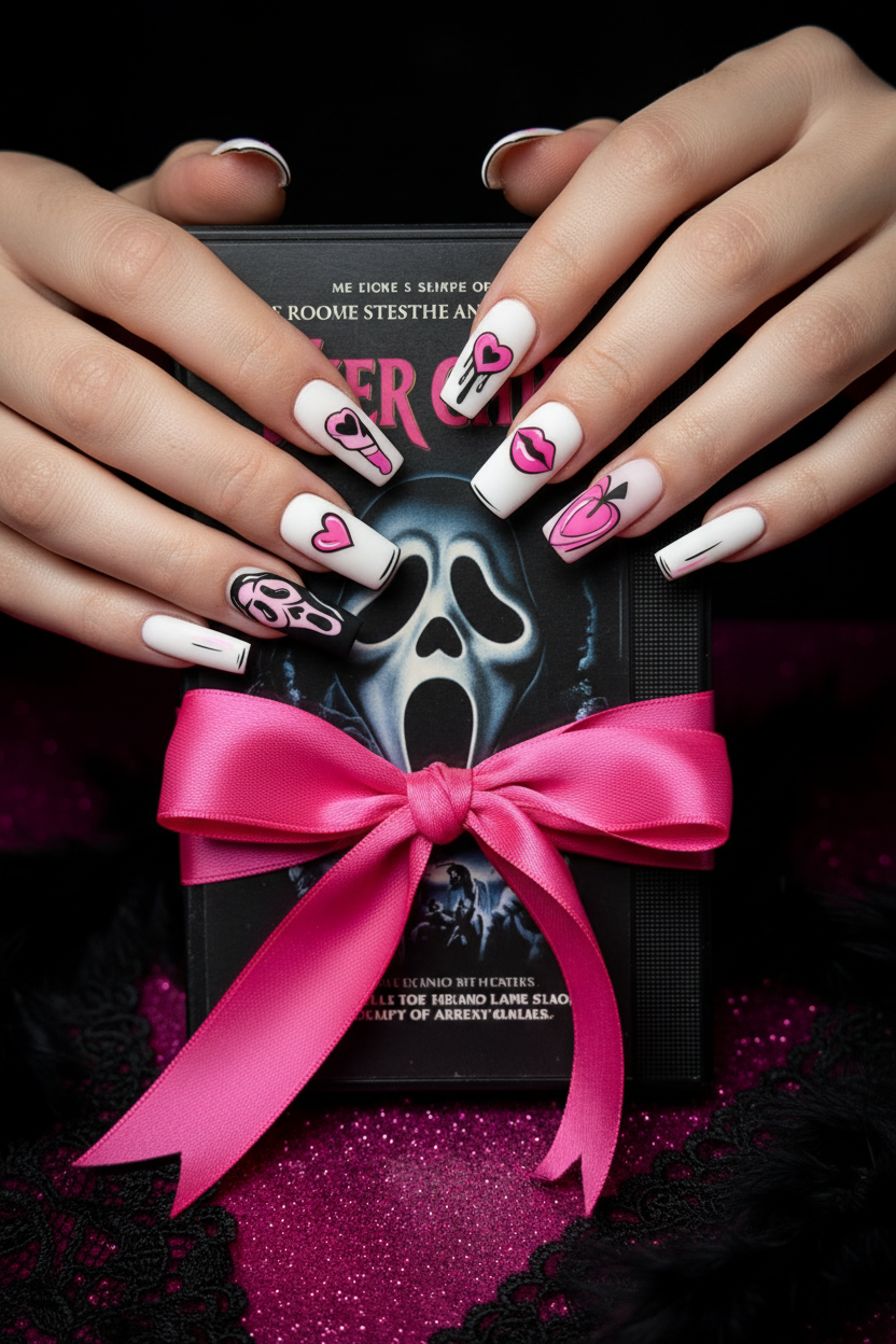 Fair-skin lifestyle Scream ghost face horror coquette pink ombre custom press-on nails holding VHS tape — LuxepressCo