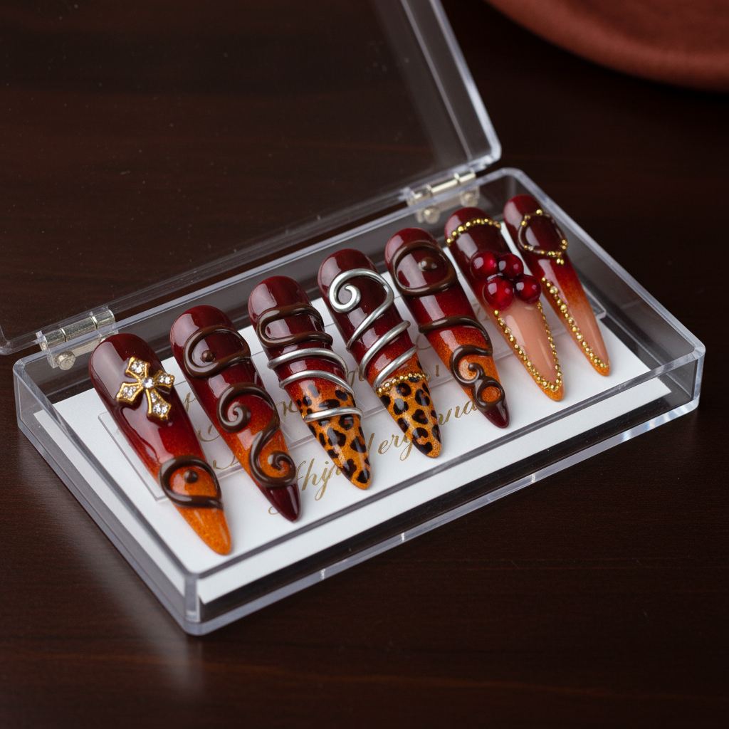 Burgundy wine red amber leopard 3D swirl cherry custom press-on nails full set — LuxepressCo