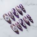 Full set 10 purple chrome 3D white floral press-on nails marble background almond shape custom press-on nails — LuxepressCo