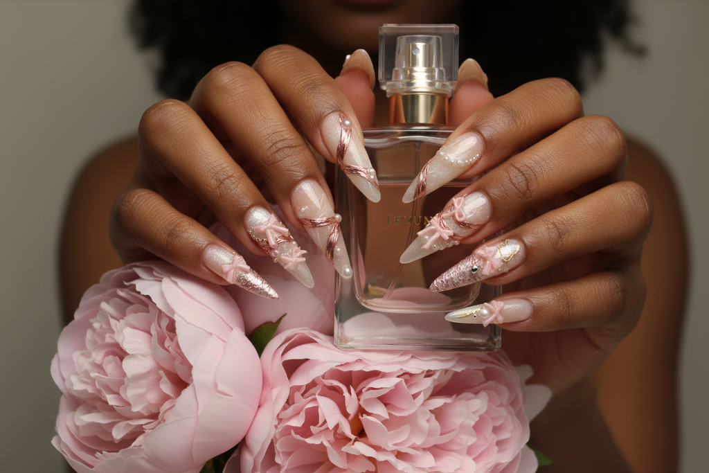 Lifestyle dark skin hands wearing rose gold ribbon pearl custom press-on nails holding blush peonies — LuxepressCo
