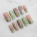 Sage green nude botanical 3D gold leaf vine pink chiffon flower custom press-on nails full set on white marble — LuxepressCo