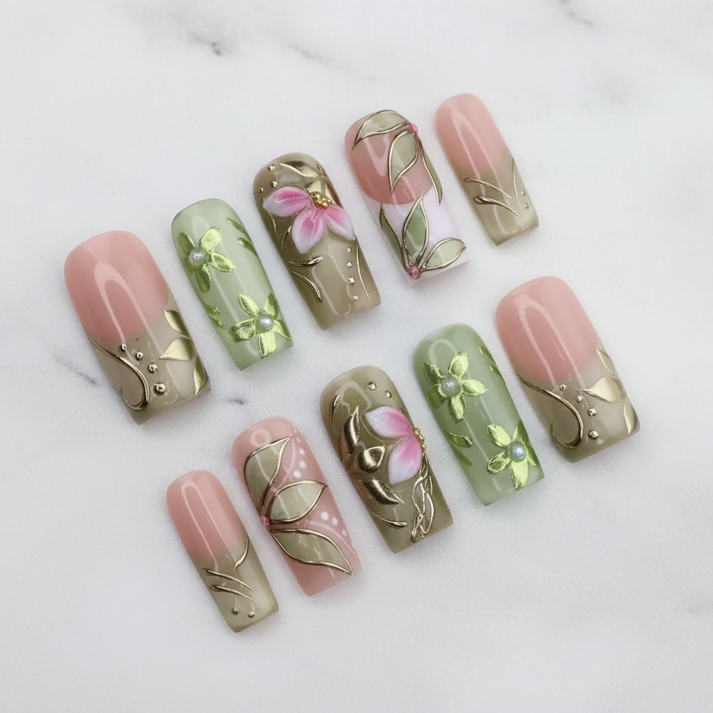 Sage green nude botanical 3D gold leaf vine pink chiffon flower custom press-on nails full set on white marble — LuxepressCo