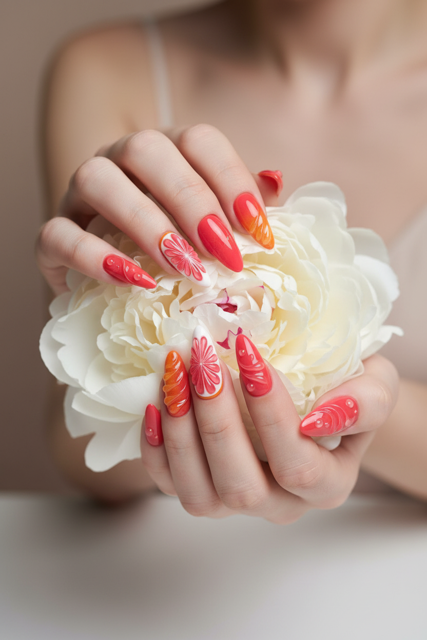Fair skin hands wearing red orange citrus custom press-on nails holding white peony — LuxepressCo