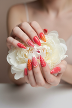 Fair skin hands wearing red orange citrus custom press-on nails holding white peony — LuxepressCo
