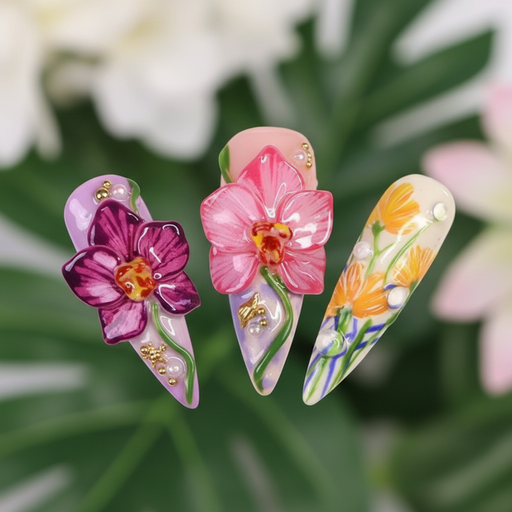 Macro close-up 3D pink orchid purple orchid tulip bouquet maximalist stiletto custom press-on nails detail — LuxepressCo