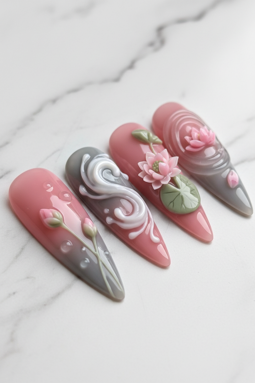 Close-up koi fish lotus bud pearl 3D press-on nails pink gray texture salon-quality nails — LuxepressCo
